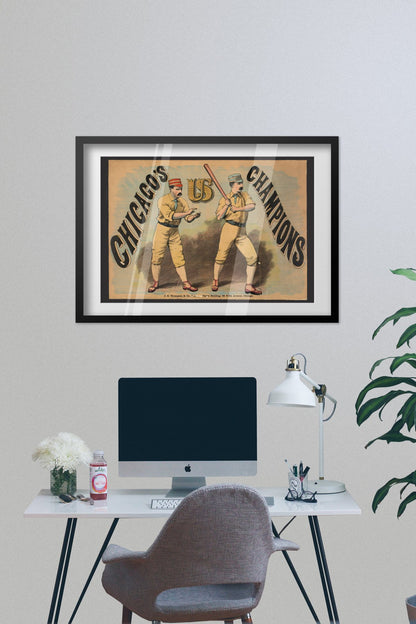 Chicago White Stockings Champions poster framed on a grey wall above a desk
