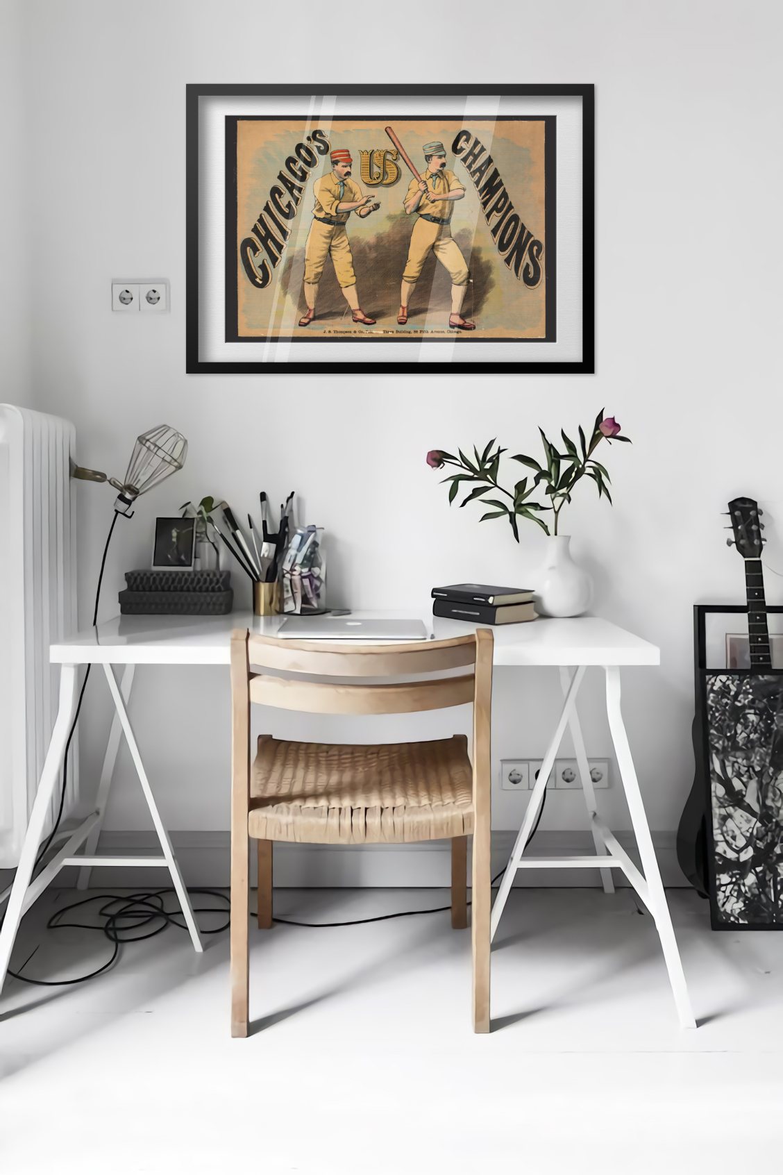Chicago White Stockings Champions poster framed above a desk in a bright white room