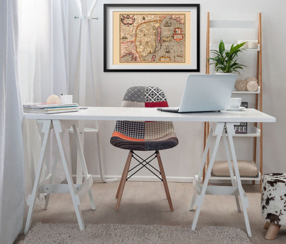 China 1606 Map print framed above a white desk in a home office