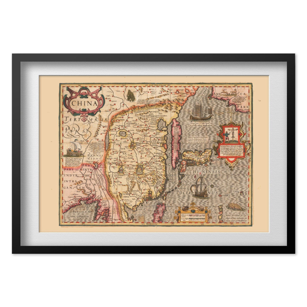 China 1606 Map print in a black frame with a white mat