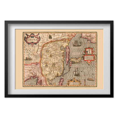 China 1606 Map print in a black frame with a white mat