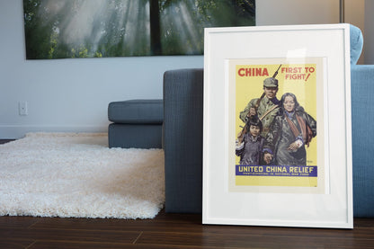 China First to Fight United China Relief poster leaning beside a blue sofa