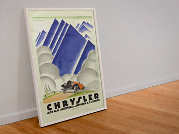 Chrysler AMAG Zürich poster in a white frame leaning against a wall