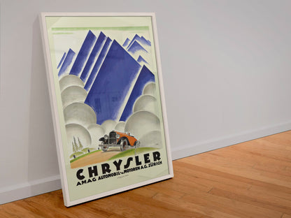 Chrysler AMAG Zürich poster in a white frame leaning against a wall