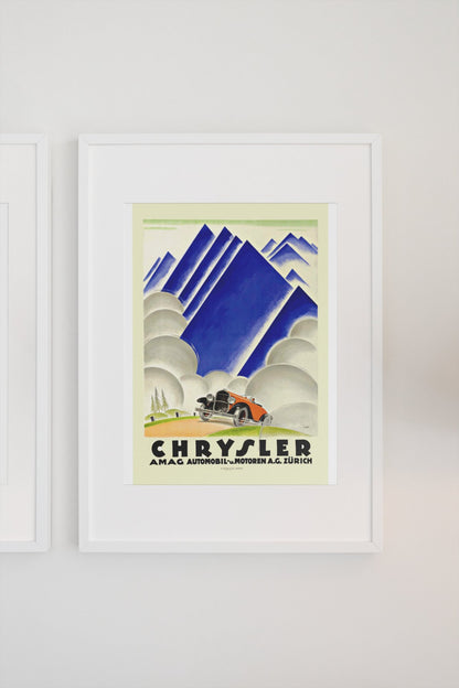 Chrysler AMAG Zürich poster in a white frame on a light wall