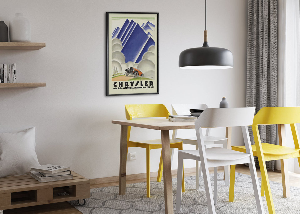 Chrysler AMAG Zürich poster framed above a dining table