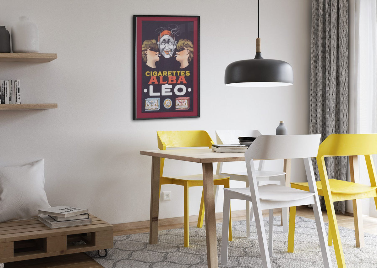 Cigarettes Alba Leo poster framed above a dining table