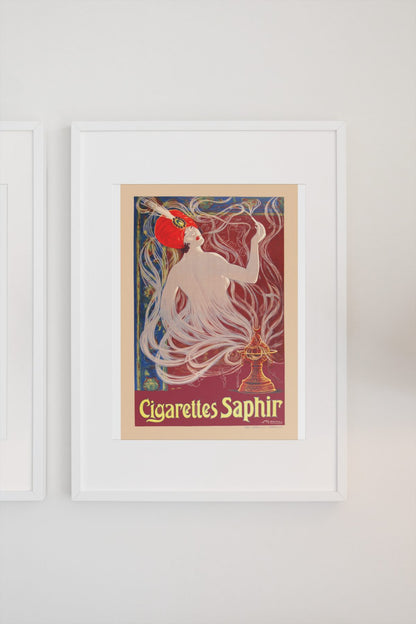 Cigarettes Saphir poster on a light wall
