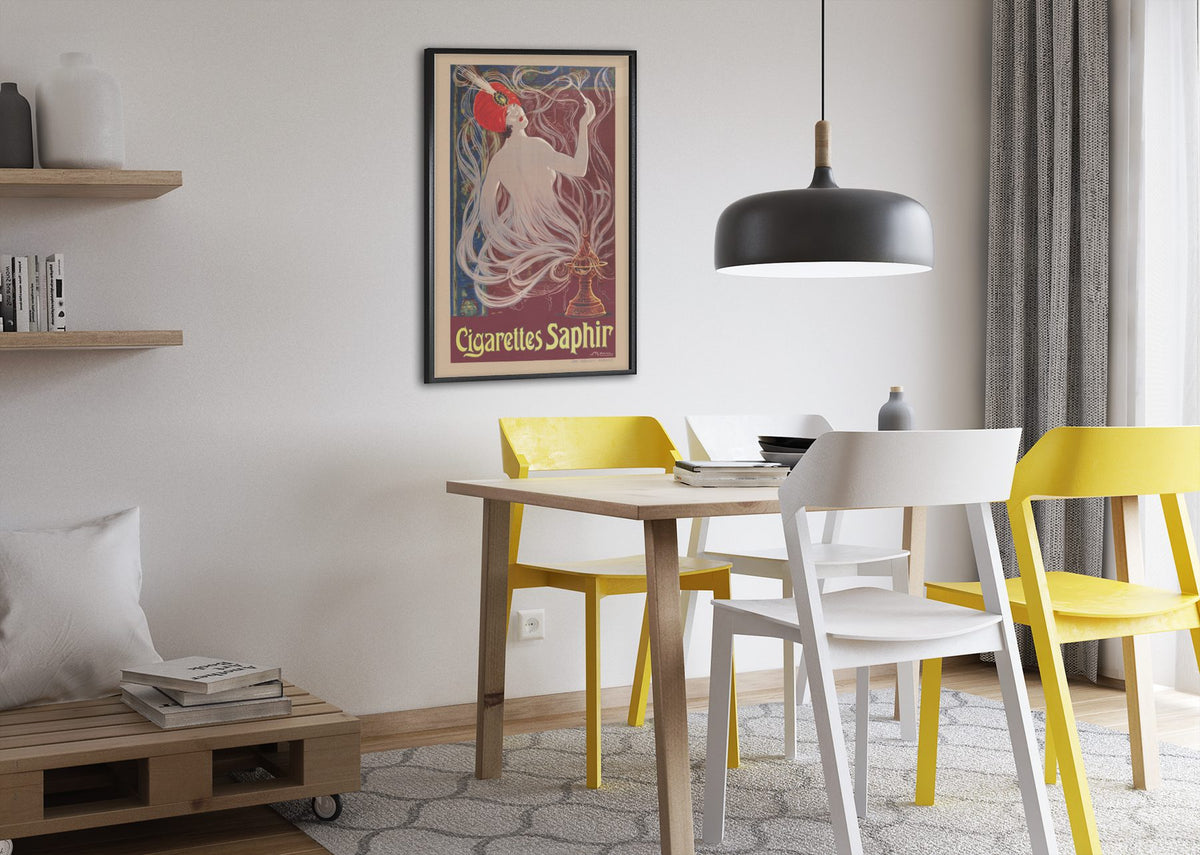 Cigarettes Saphir poster framed above a dining table