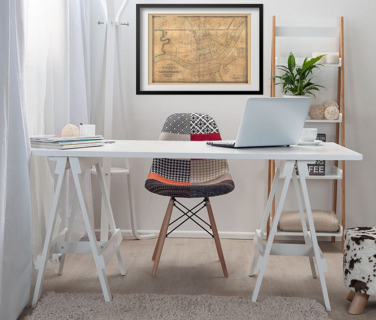 Cincinnati 1838 City Map framed above a white desk in a home office