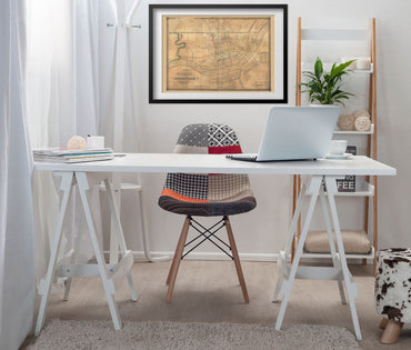 Cincinnati 1838 City Map framed above a white desk in a home office