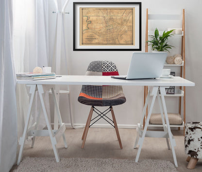 Cincinnati 1838 City Map framed above a white desk in a home office