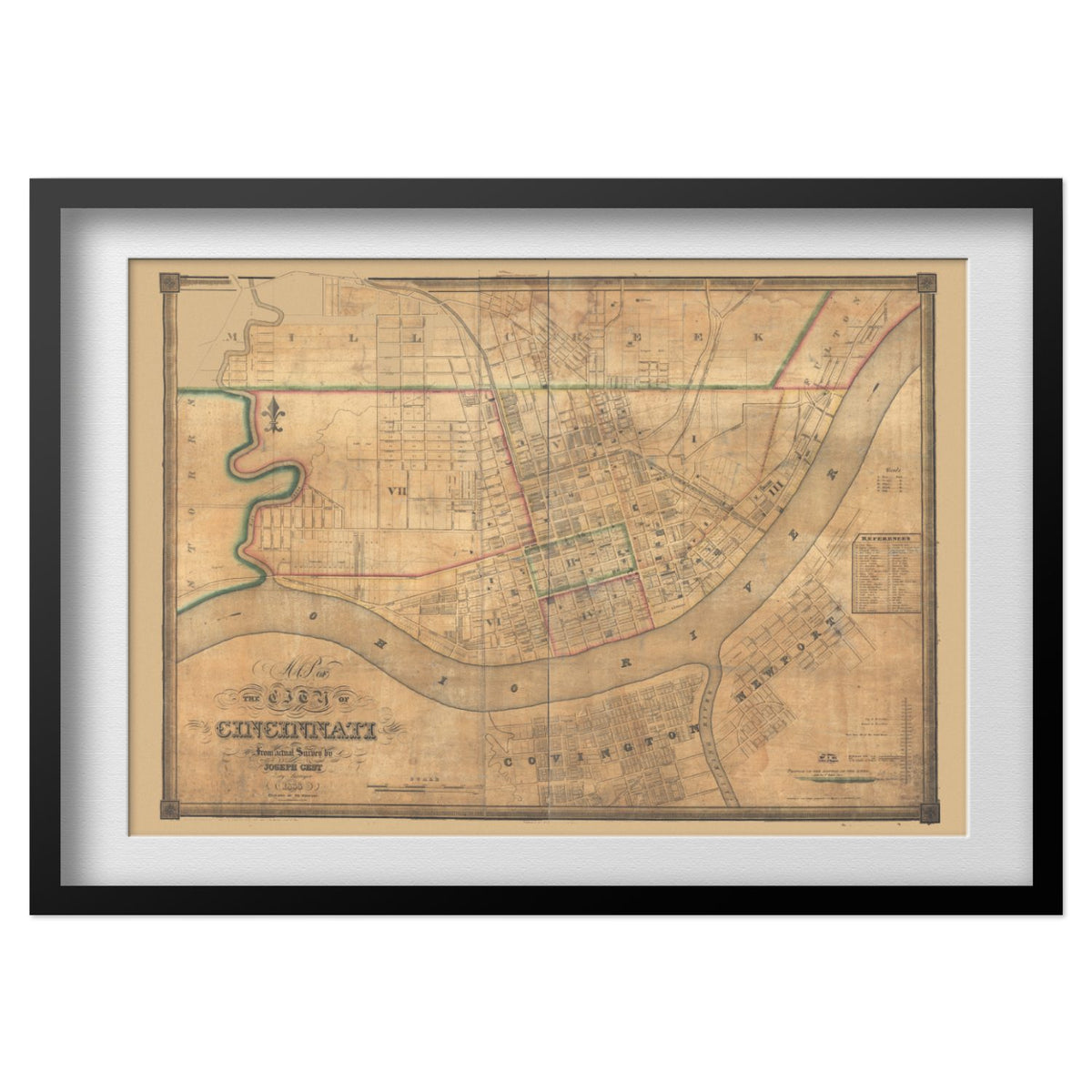 Cincinnati 1838 City Map print in a black frame