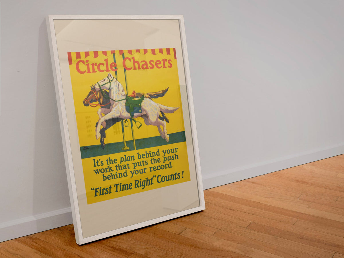 Circle Chasers poster in a white frame leaning against a wall