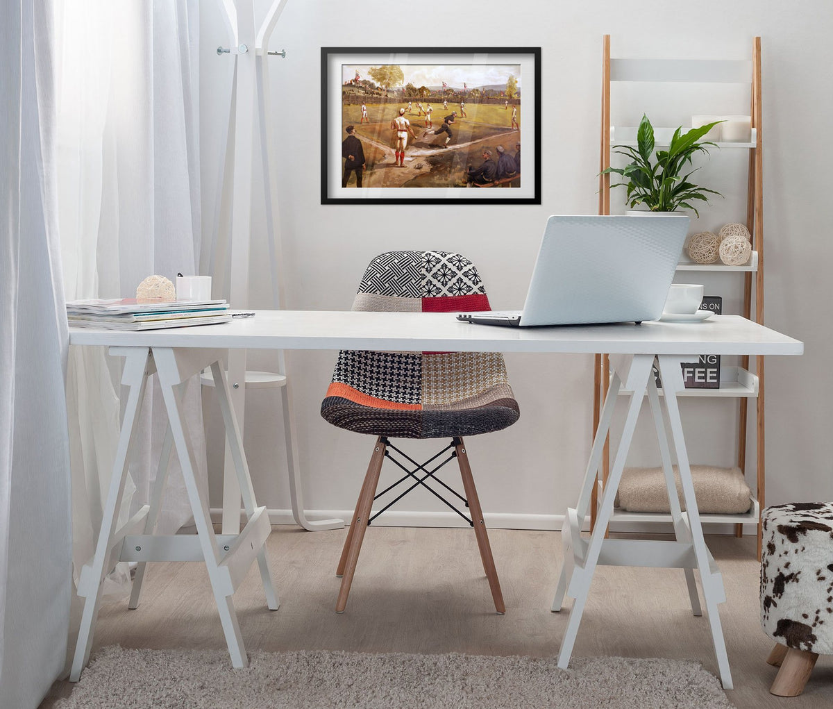 Baseball Game 1887 poster framed above a white desk in a home office