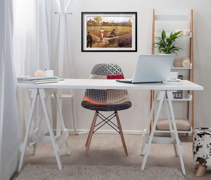 Baseball Game 1887 poster framed above a white desk in a home office