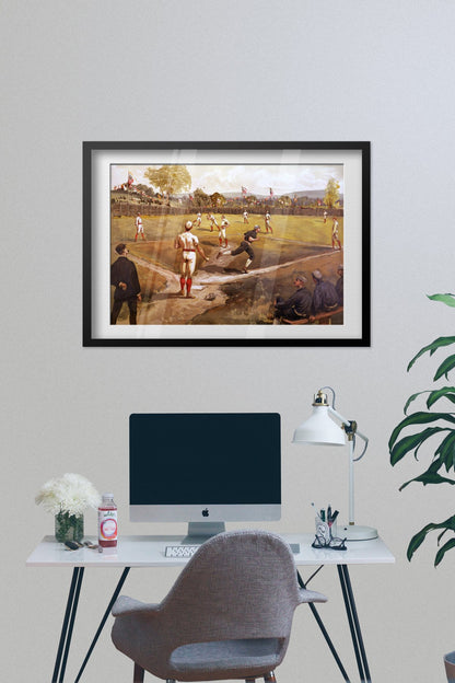 Baseball Game 1887 poster framed on a grey wall above a desk