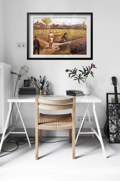 Baseball Game 1887 poster framed above a desk in a bright white room