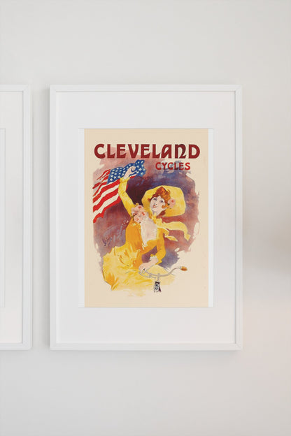 Cleveland Cycles Cheret poster on a light wall