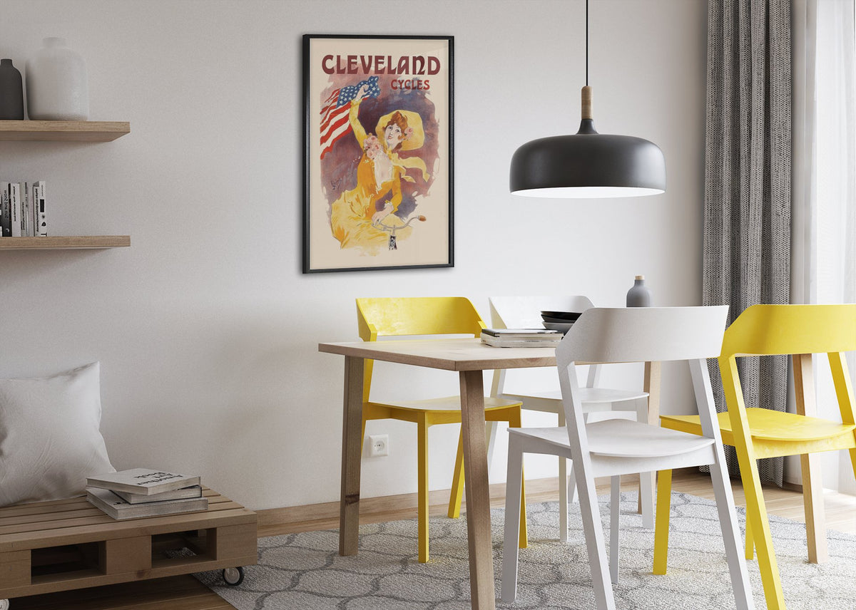 Cleveland Cycles Cheret poster framed above a dining table