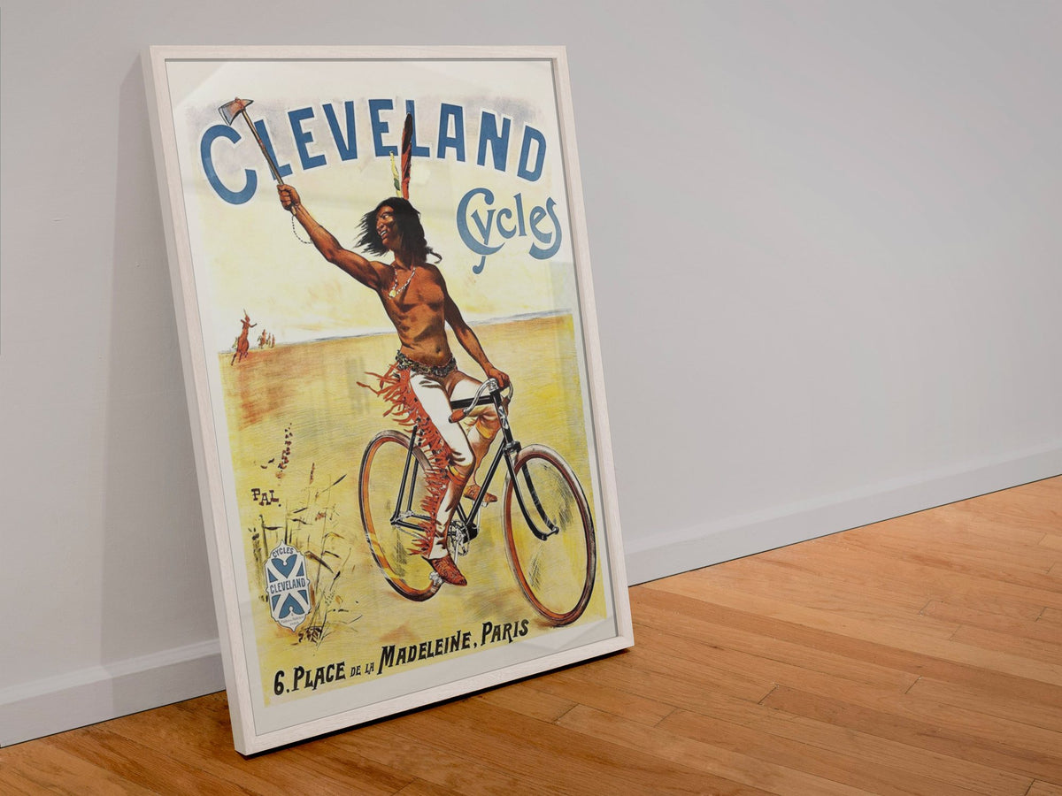 Cleveland Cycles Paris poster in a white frame leaning against a wall