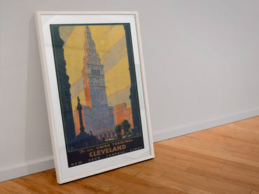 Cleveland Union Terminal — Leslie Ragan poster in a white frame leaning against a wall