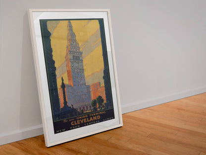 Cleveland Union Terminal — Leslie Ragan poster in a white frame leaning against a wall