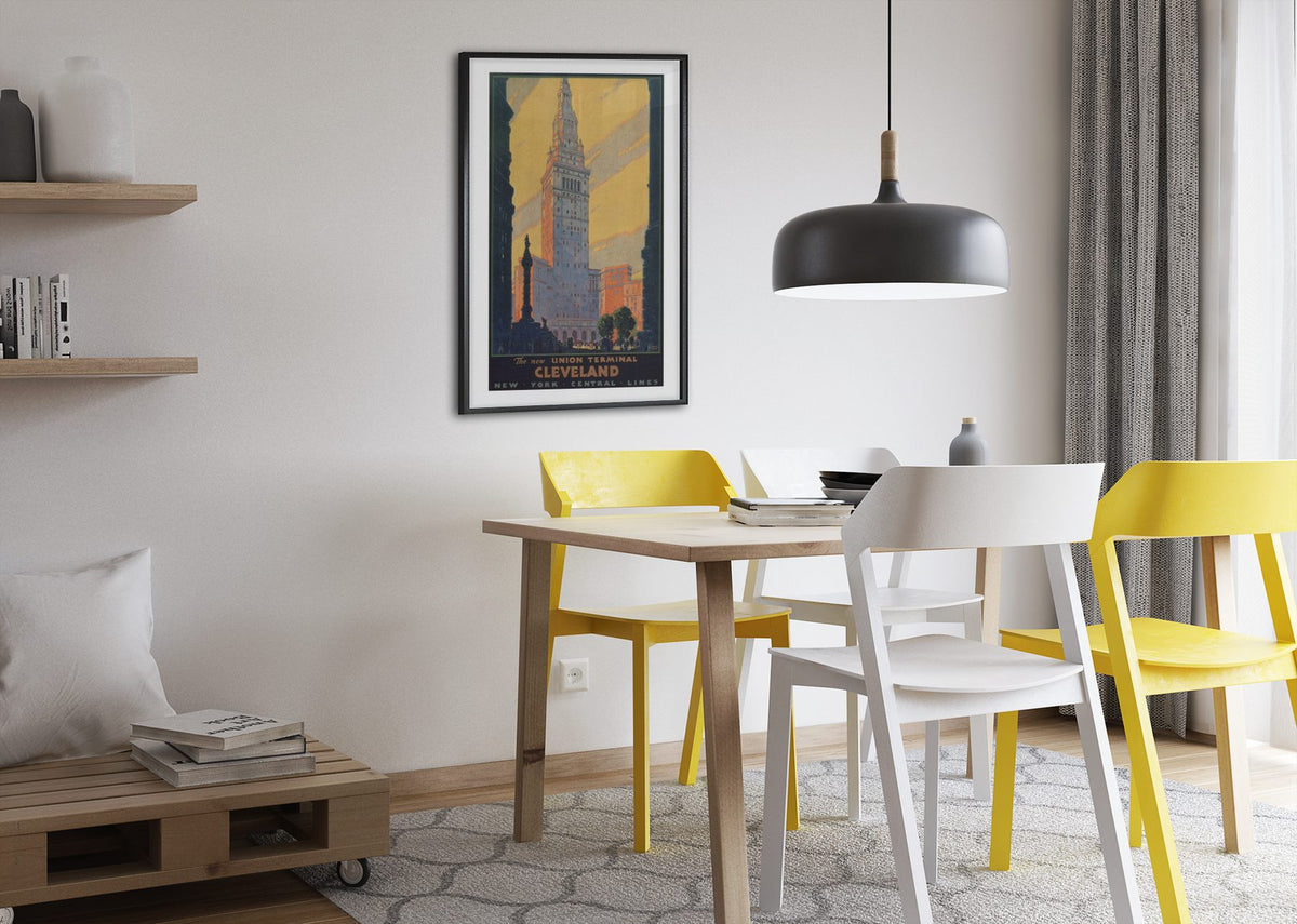 Cleveland Union Terminal — Leslie Ragan poster framed above a dining table