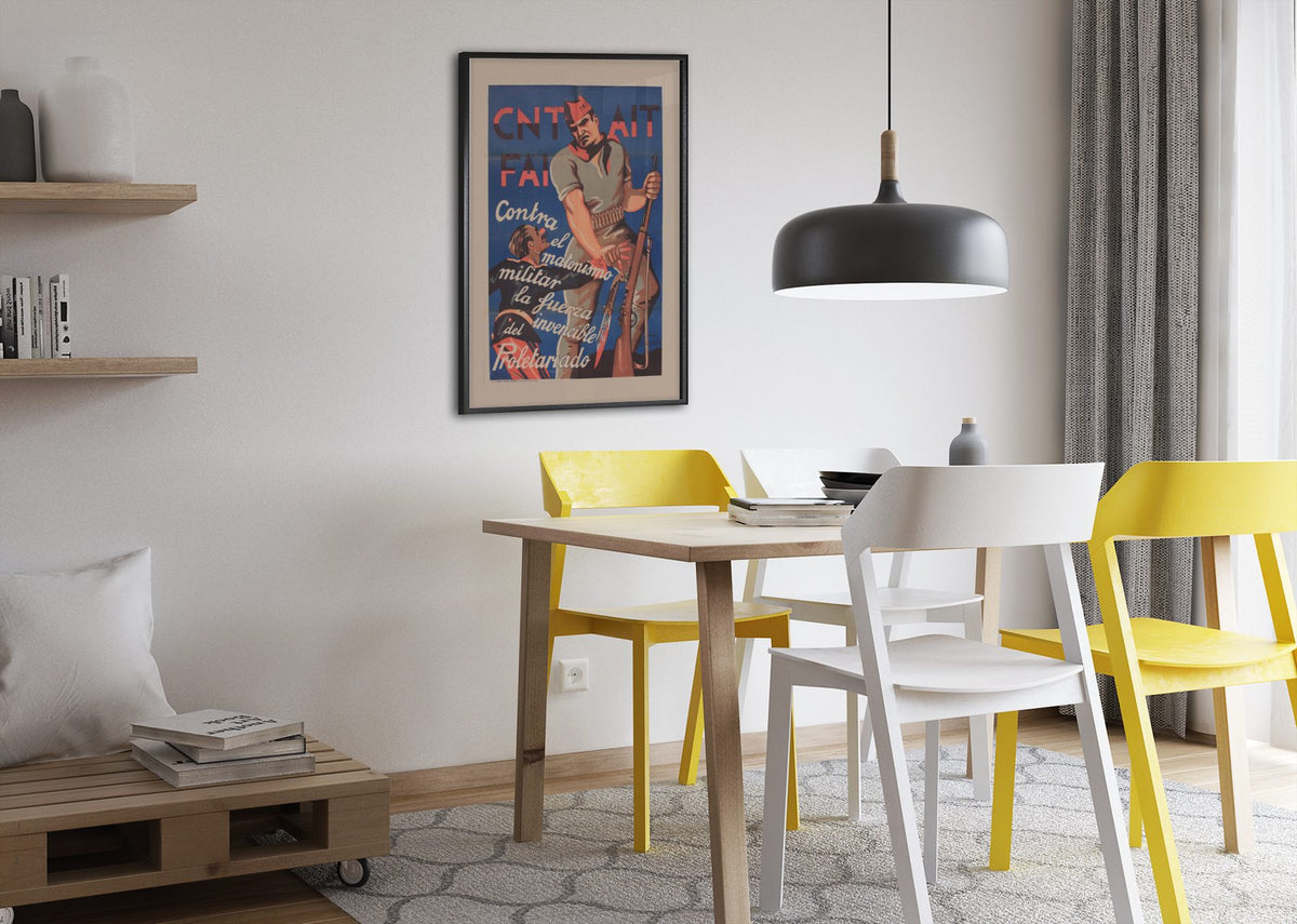 CNT AIT FAI Militiaman poster framed above a dining table