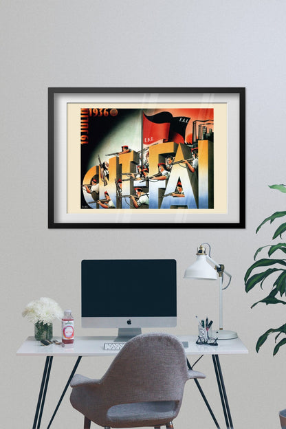 CNT-FAI Militia 1936 poster framed on a grey wall above a desk