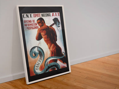 CNT Worker Against Fascism poster in a white frame leaning against a wall
