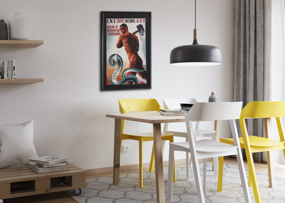 CNT Worker Against Fascism poster framed above a dining table