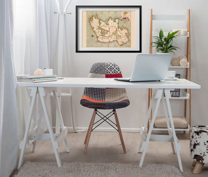 Coast of Ireland 1702 Chart print framed above a white desk in a home office