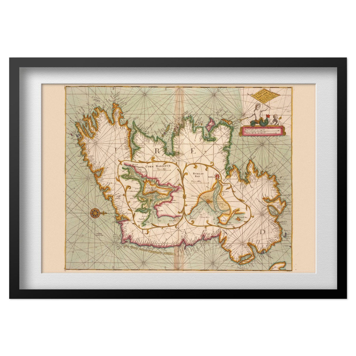 Coast of Ireland 1702 Chart print in a black frame with a white mat