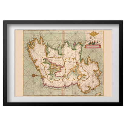 Coast of Ireland 1702 Chart print in a black frame with a white mat