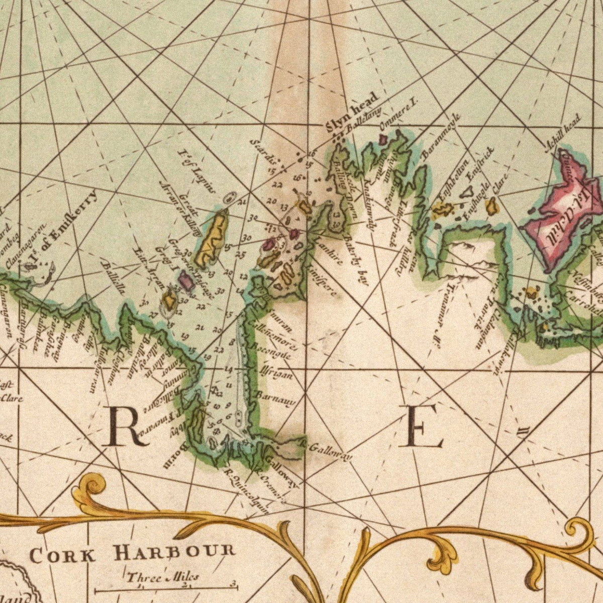 Close-up detail of the Coast of Ireland 1702 Chart