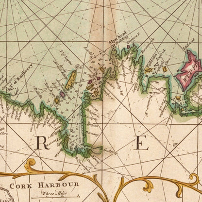 Close-up detail of the Coast of Ireland 1702 Chart