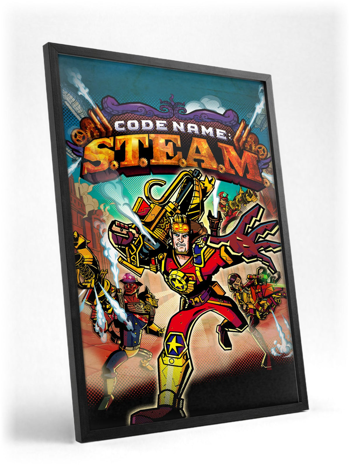 Code Name: S.T.E.A.M. Cover Art poster in a black frame with glass leaning against a wall