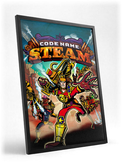Code Name: S.T.E.A.M. Cover Art poster in a black frame with glass leaning against a wall