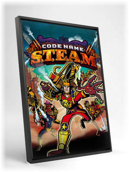 Code Name: S.T.E.A.M. Cover Art as a black floater framed canvas leaning against a wall