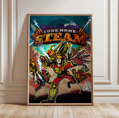 Code Name: S.T.E.A.M. Cover Art poster in a light oak frame leaning against a white wall