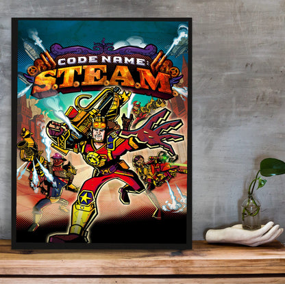 Code Name: S.T.E.A.M. Cover Art poster in a black frame on a wooden shelf against concrete