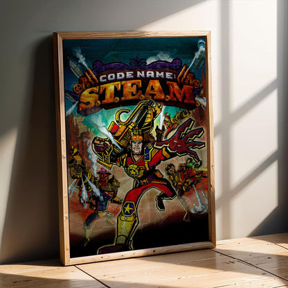 Code Name: S.T.E.A.M. Cover Art poster in an oak frame leaning on a wooden floor