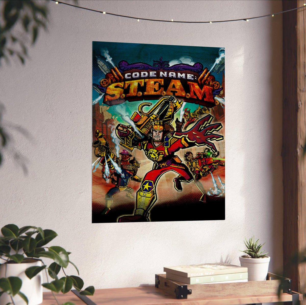 Code Name: S.T.E.A.M. Cover Art poster unframed on a white wall above a desk