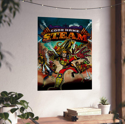 Code Name: S.T.E.A.M. Cover Art poster unframed on a white wall above a desk