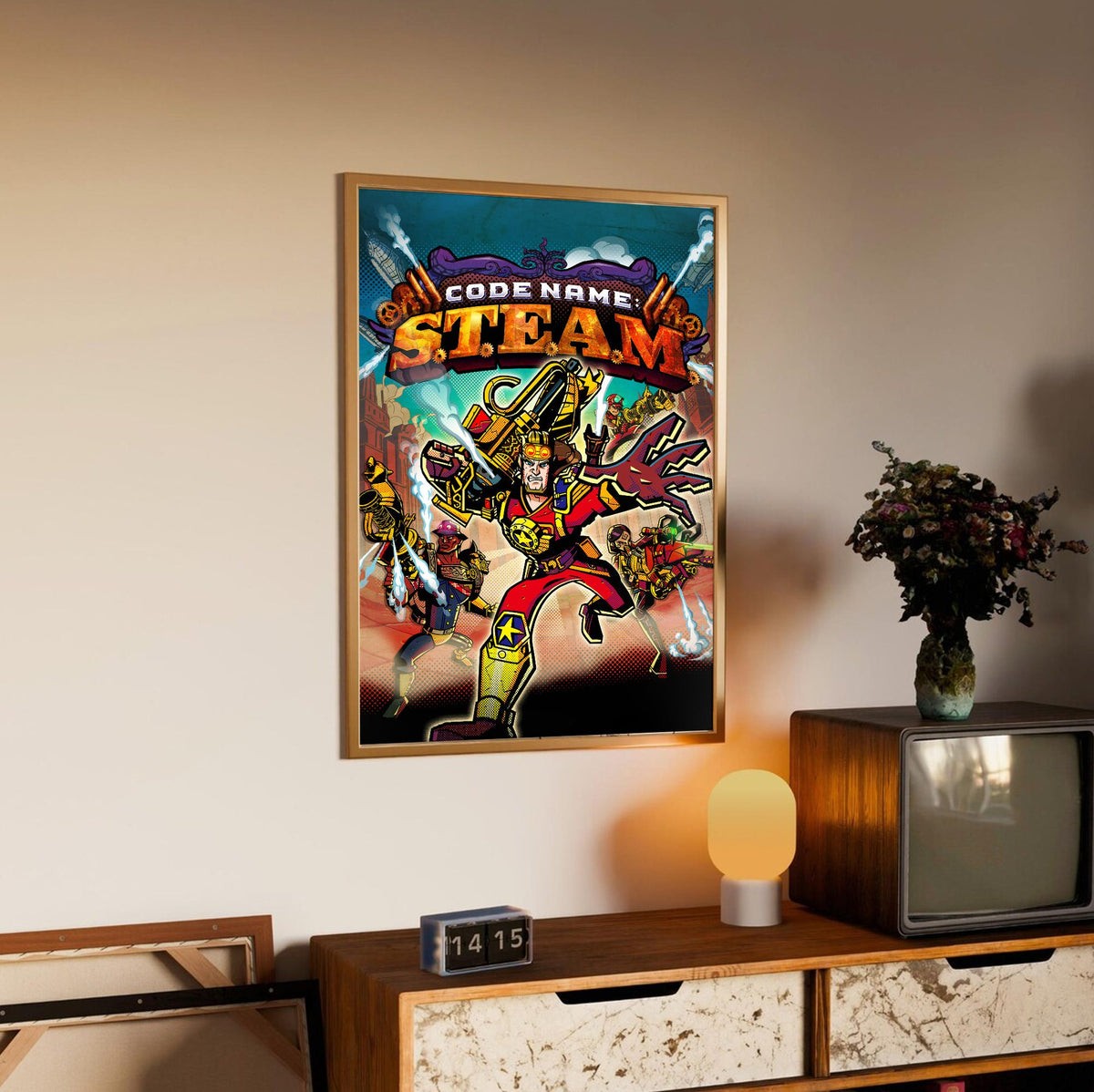 Code Name: S.T.E.A.M. Cover Art poster in an oak frame above a sideboard