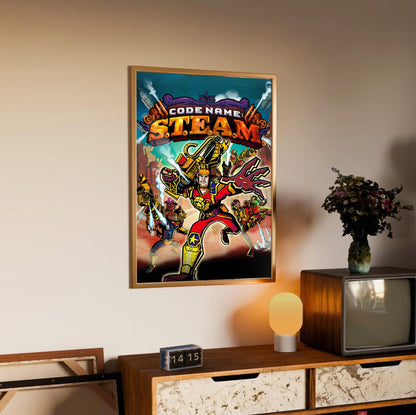 Code Name: S.T.E.A.M. Cover Art poster in an oak frame above a sideboard