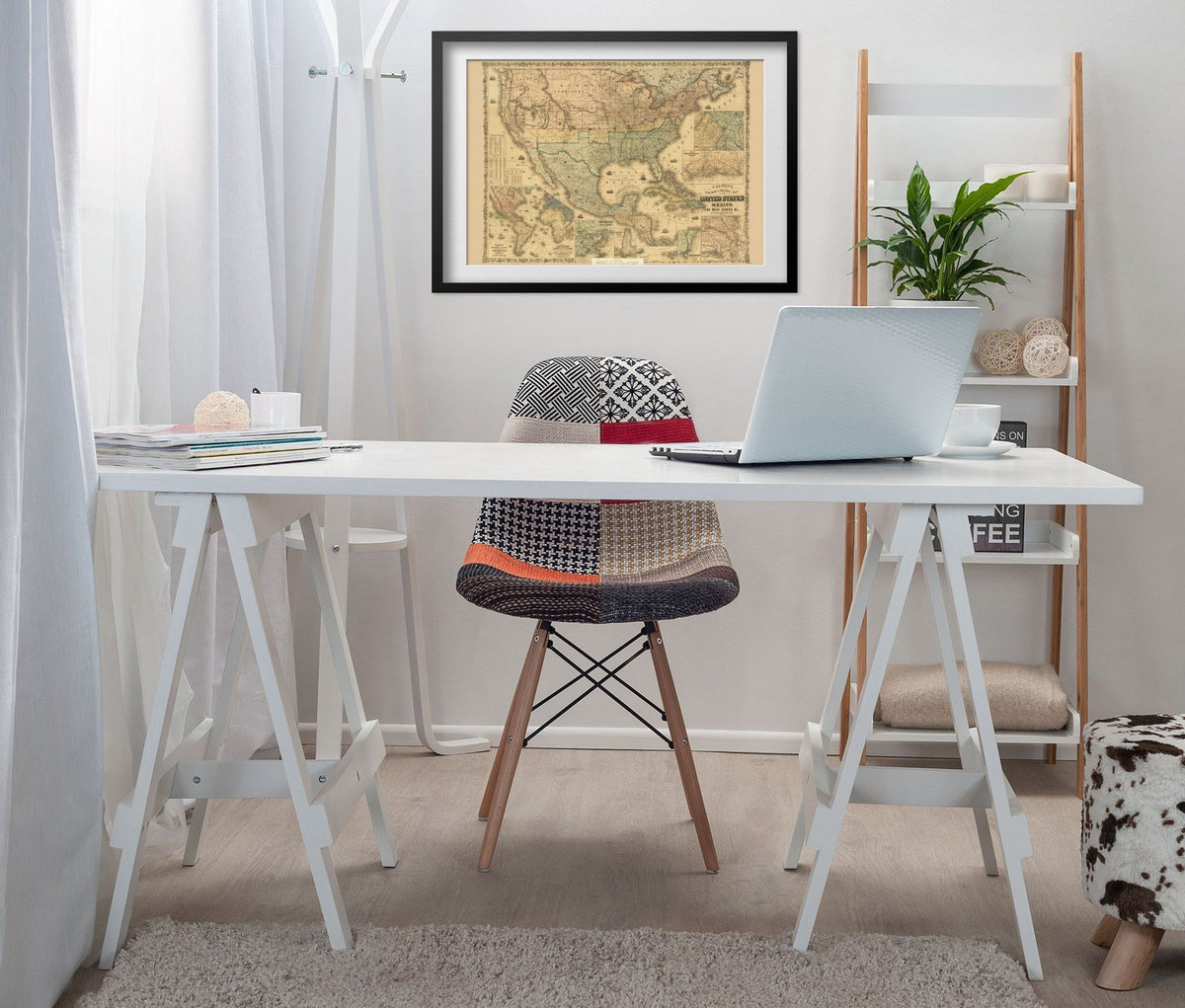 Colton’s Railroad & Military Map 1862 print framed above a white desk in a home office