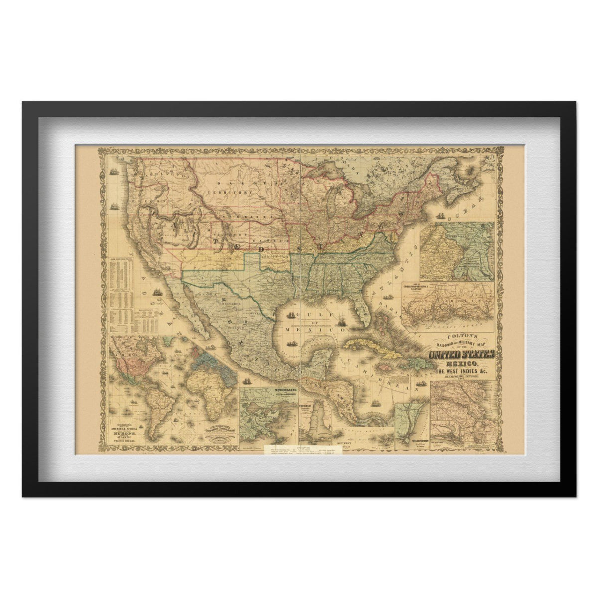 Colton’s Railroad & Military Map 1862 print in a black frame with a white mat