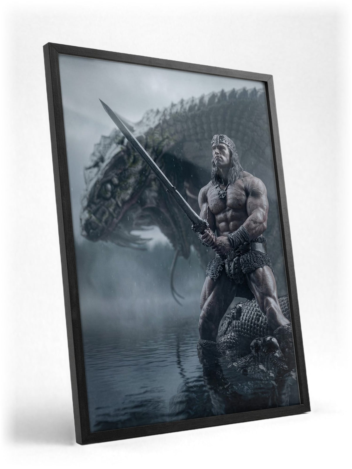 Conan the Barbarian (1982) Movie Illustrated Art poster in a black frame with glass leaning against a wall